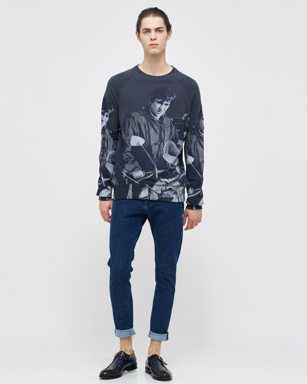 Men's Grey Melange Loop-Back Sweatshirt, Quadrophenia Print and Embossed Velvet Embroidery