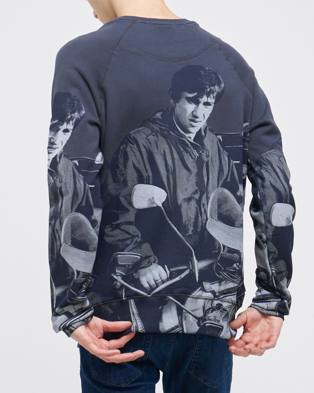 Men's Grey Melange Loop-Back Sweatshirt, Quadrophenia Print and Embossed Velvet Embroidery