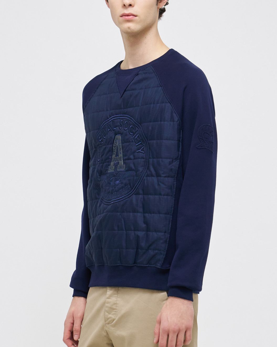 Men's Navy Cotton Loop-Back Sweatshirt, Quilted Micro-Leather, Velvet Applique Embroidery