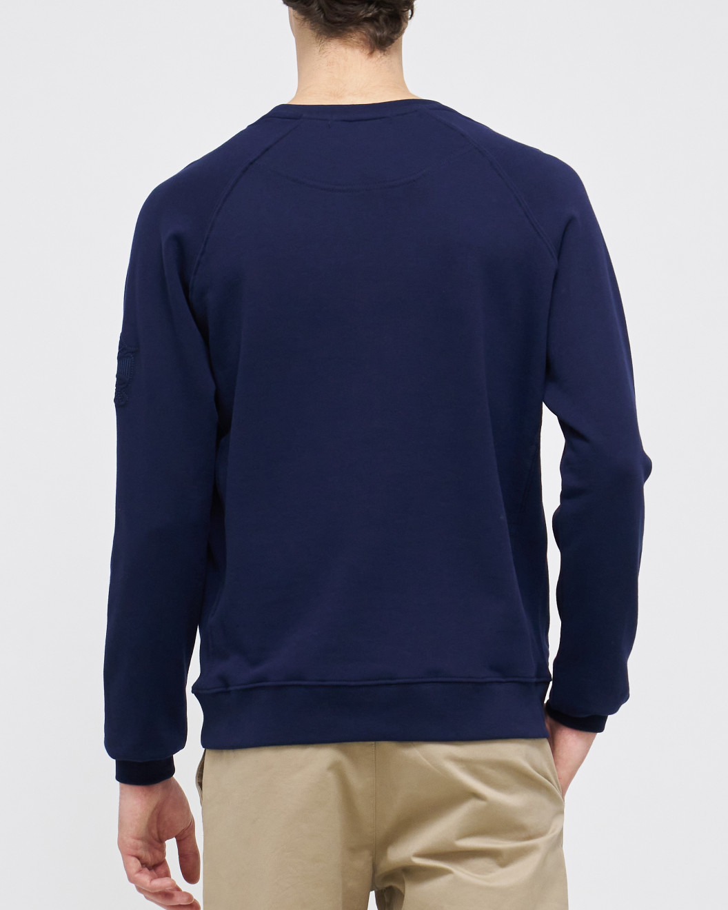 Men's Navy Cotton Loop-Back Sweatshirt, Quilted Micro-Leather, Velvet Applique Embroidery