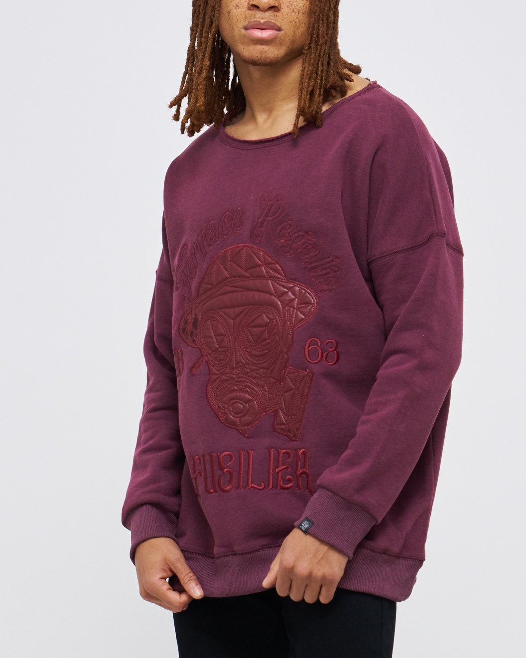 Men's Bordeux Loop-Back Sweatshirt, with Casual Society Fusilier Micro-Leather Applique Embroidery 