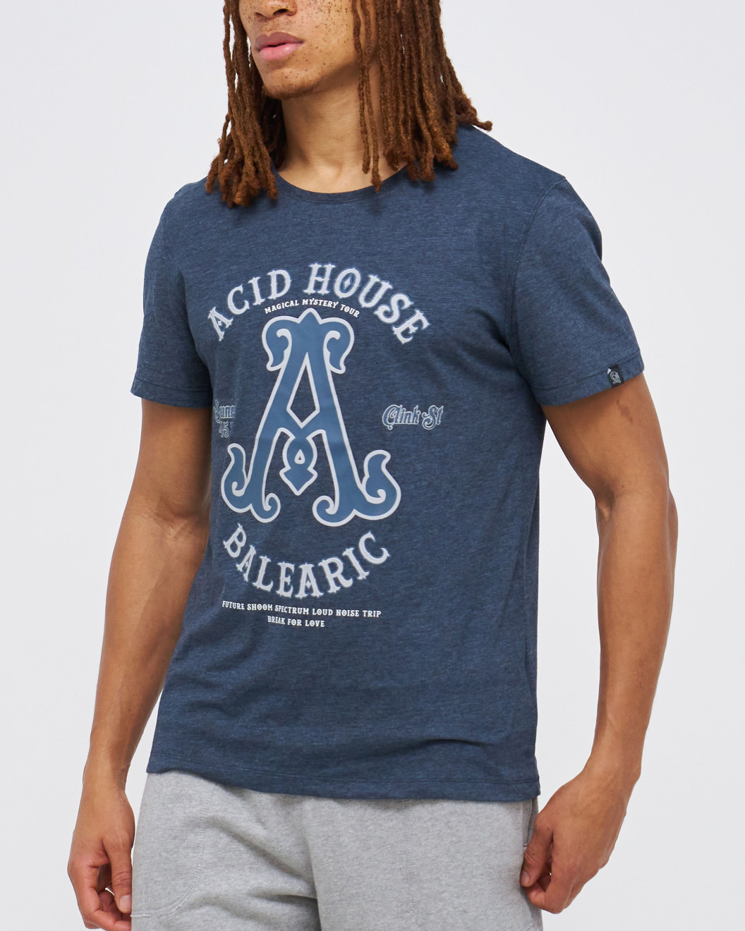 Men's Night Blue Cotton Melange T-Shirt, with A for Acid House Embossed Rubber Print, Embroidery Velvet Logo Rear