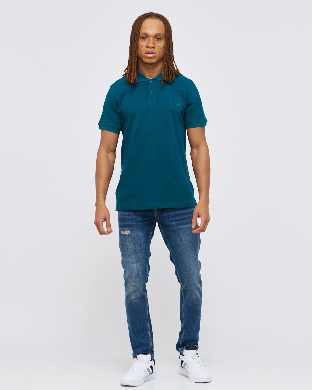 Men's Teal Polo, with Geometric Panel Tailoring and Embossed Casual Society Logo