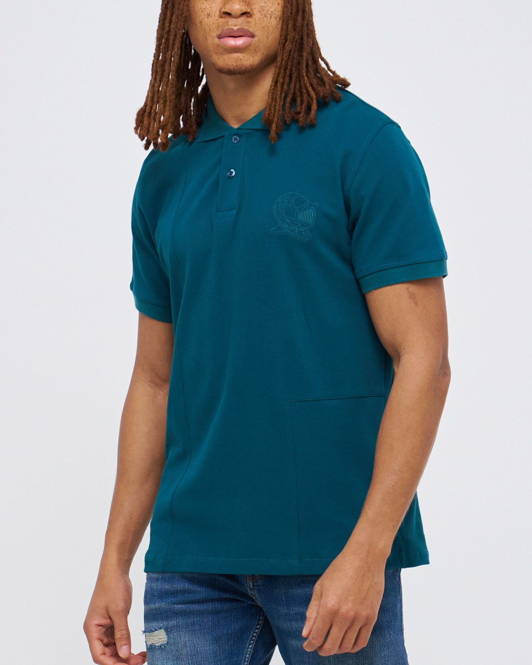 Men's Teal Polo, with Geometric Panel Tailoring and Embossed Casual Society Logo