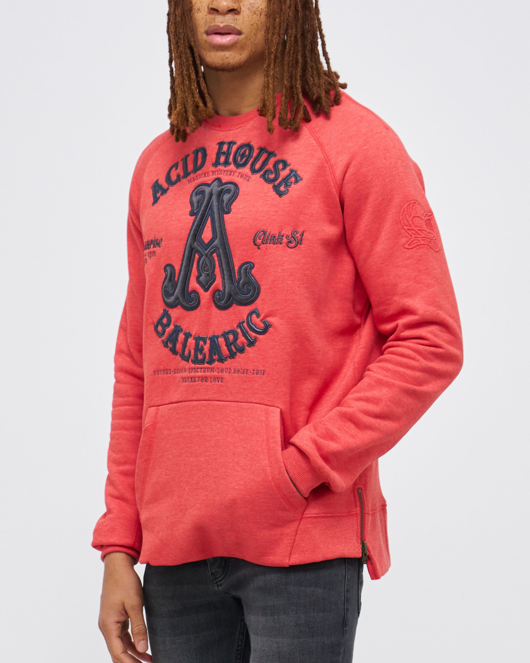 Mens Grenadine Red Loop-Back Cotton Sweatshirt, with Casual Society Embossed Micro-Leather and Velvet Emroidery