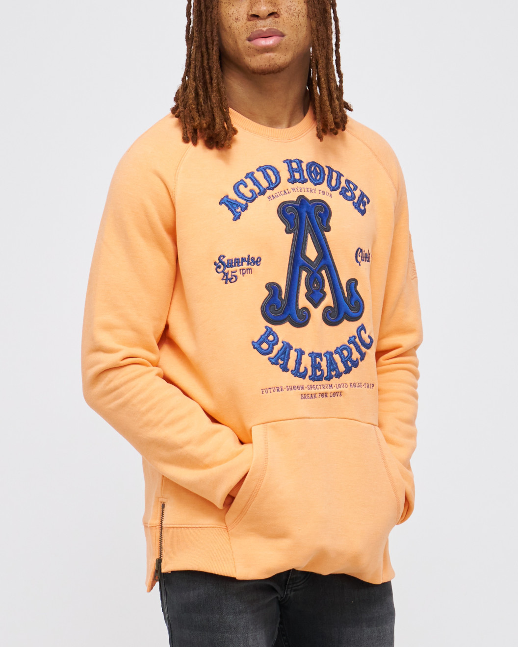 Mens, Pastel Orange Loop-Back Cotton Sweatshirt, with Casual Society Embossed Micro-Leather and Velvet Emroidery