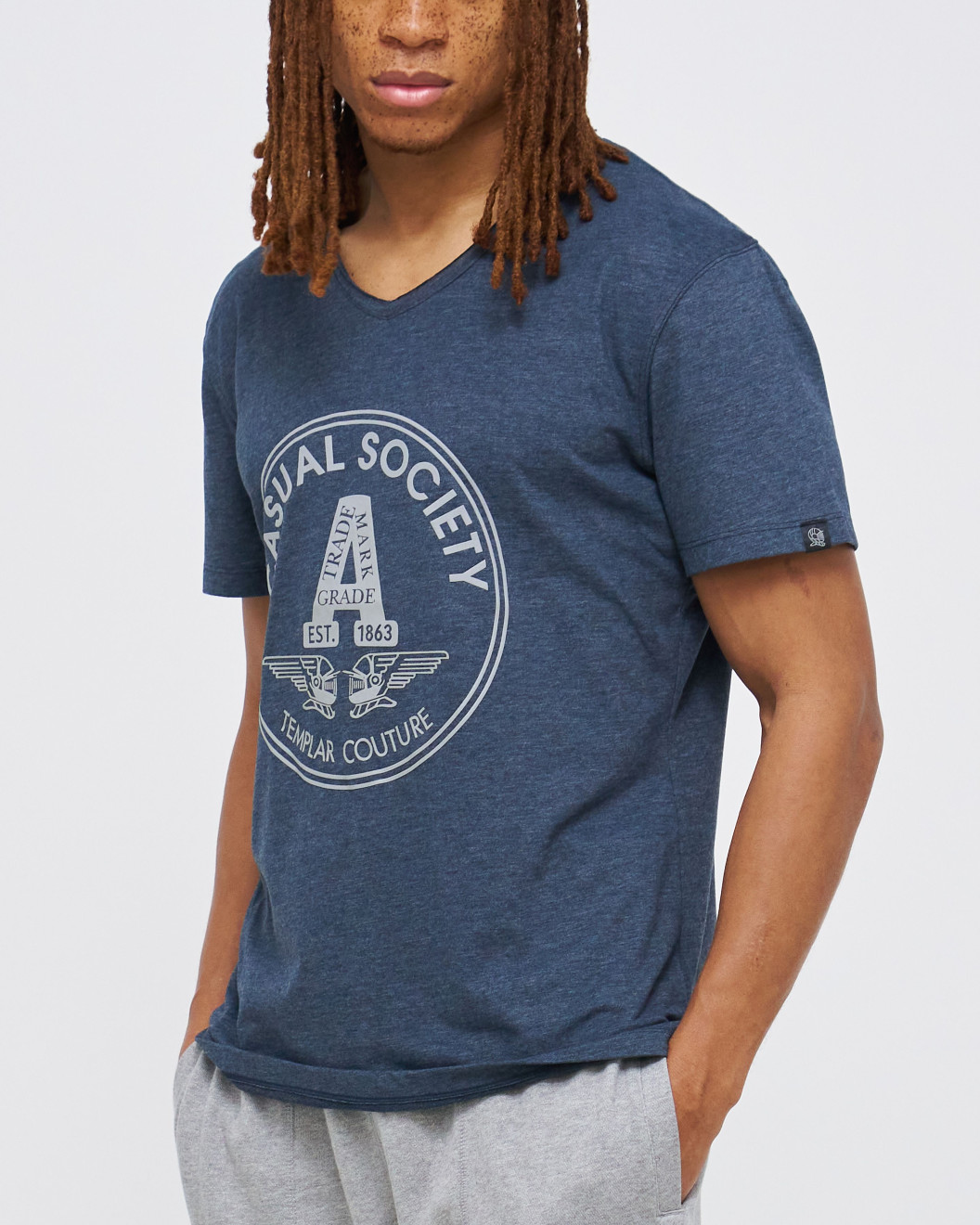 Men's Night Blue Cotton Melange T-Shirt, A Grade Rubberised Print with Velvet Logo Rear