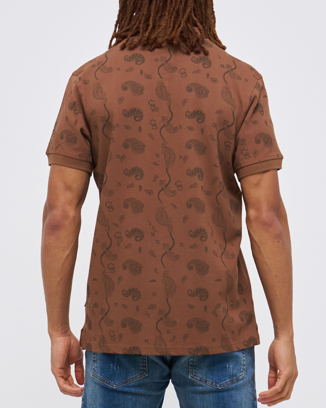 Men's Brown Pique Polo, with Soho 1964 all-over Paisley Print