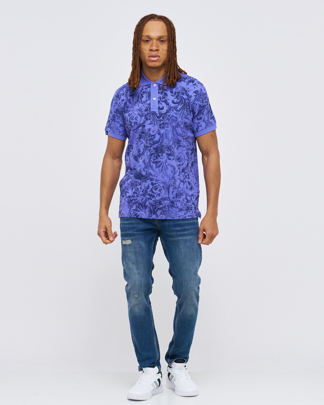 Men's Blue Polo, with Baroque Wall Paper Print and Embossed Casual Society Logo