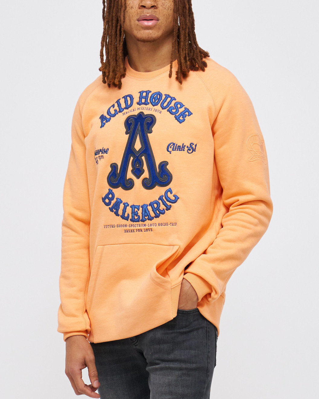 Mens, Pastel Orange Loop-Back Cotton Sweatshirt, with Casual Society Embossed Micro-Leather and Velvet Emroidery