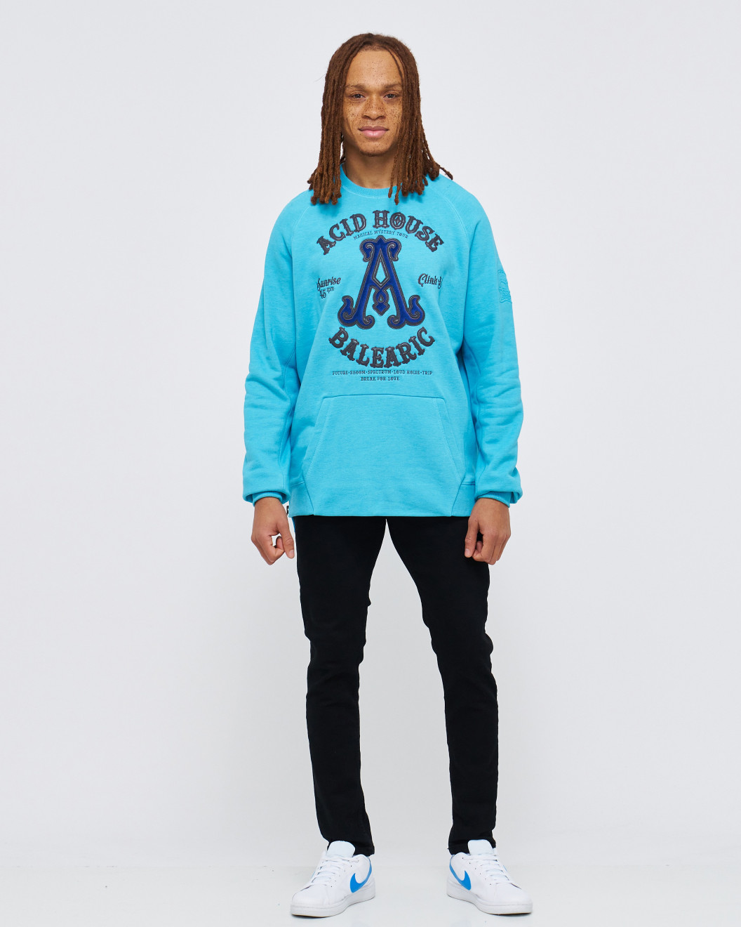 Men's Blue Loop-Back Cotton Sweatshirt with Casual Society Embossed Micro-Leather and Velvet Embroidery