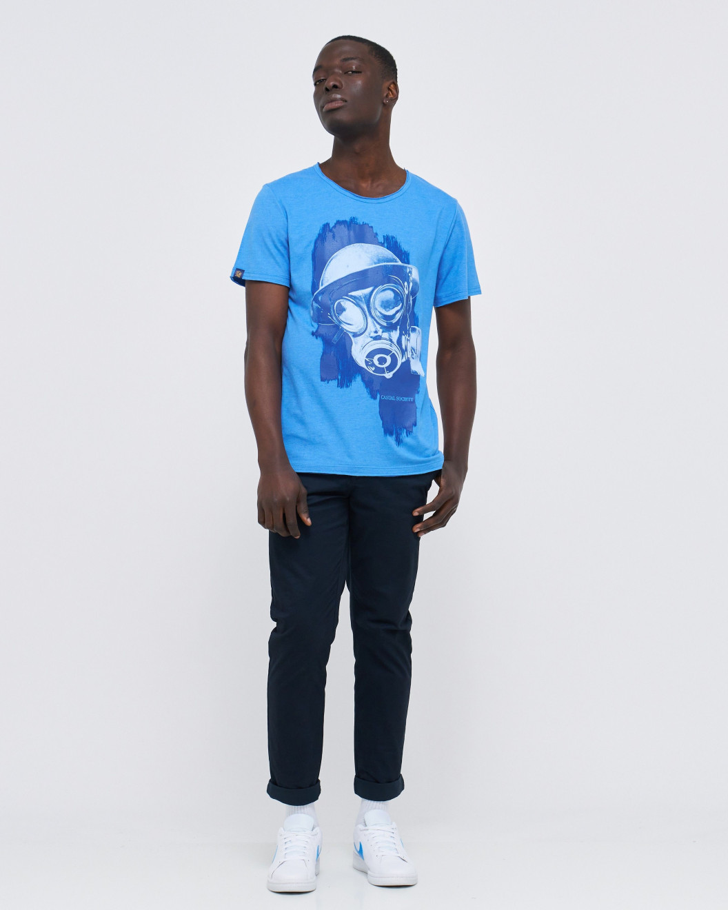 Men's Sky Blue Melange T-Shirt, with Brodie Boys Fusilier London Gas Mask in Rubber Print	