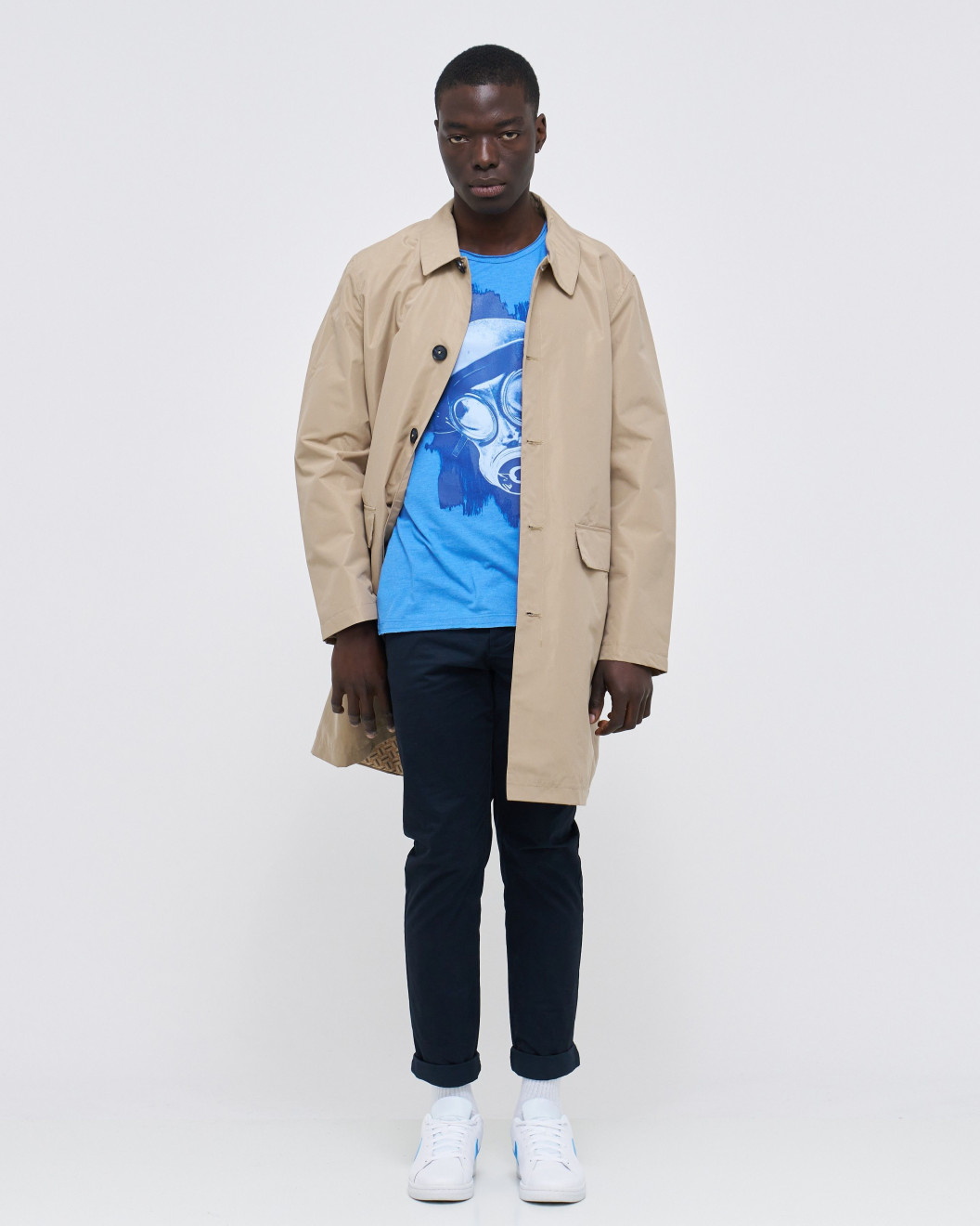 Men's Sky Blue Melange T-Shirt, with Brodie Boys Fusilier London Gas Mask in Rubber Print	