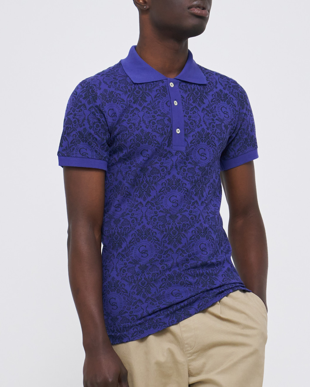 Men's Navy Pique Polo, with Baroque Print and Casual Emboosed Society Logo