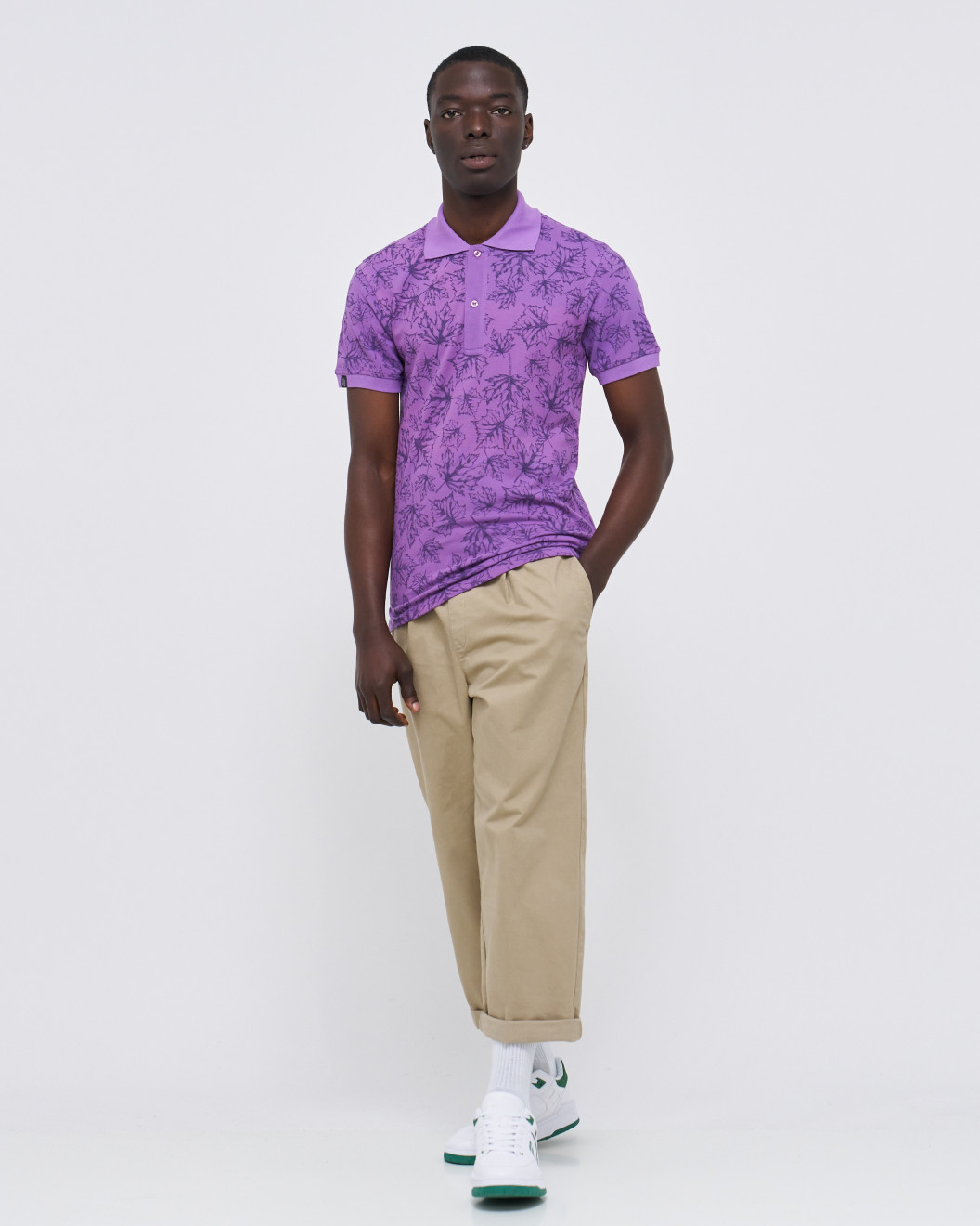 Men's Violet Pique Polo, with Autumn Leaves Print and Casual Society Logo