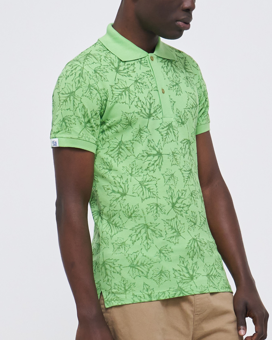 Men's Pastel Green Pique Polo, with Autumn Leaves Print and Casual Society Logo