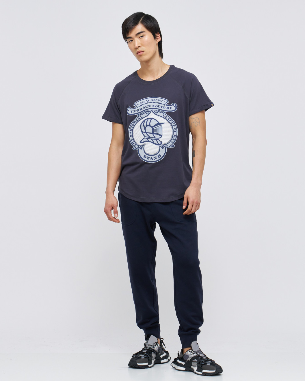 Men's Cobalt Grey Crew Neck T-Shirt, with Raised Rubber Casual Society Printed Logo