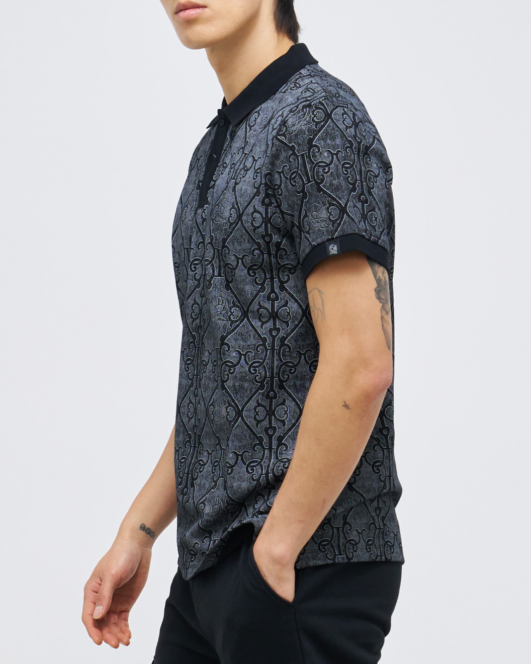 Men's Black Pique Polo, with Antique Gate Print, Featuring Casual Society Logo