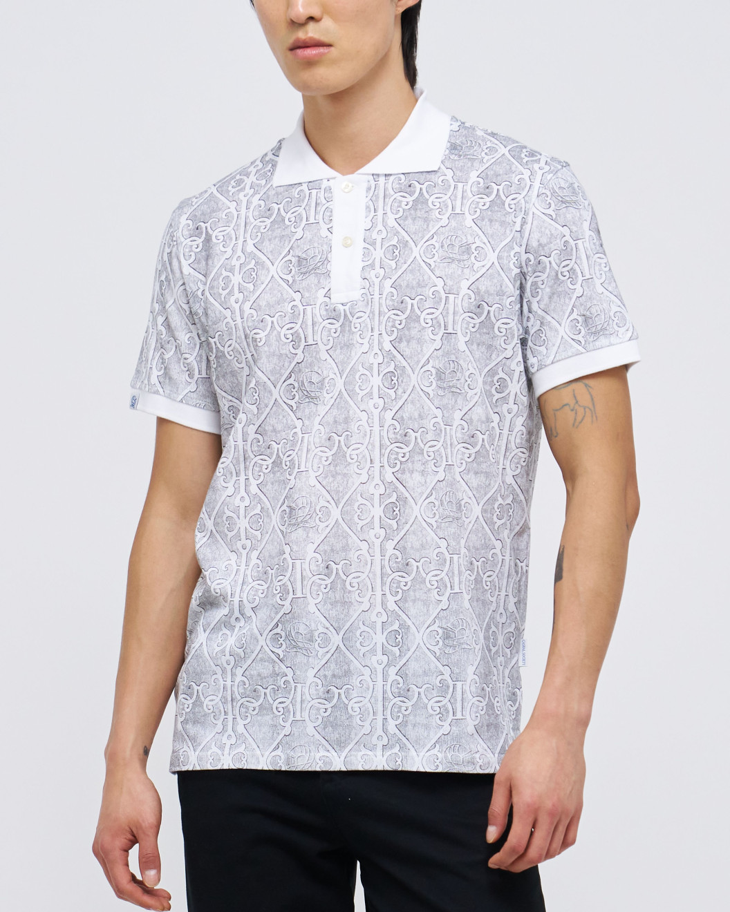 Men's White Pique Polo, with Antique Gate Print Featuring Casual Logo