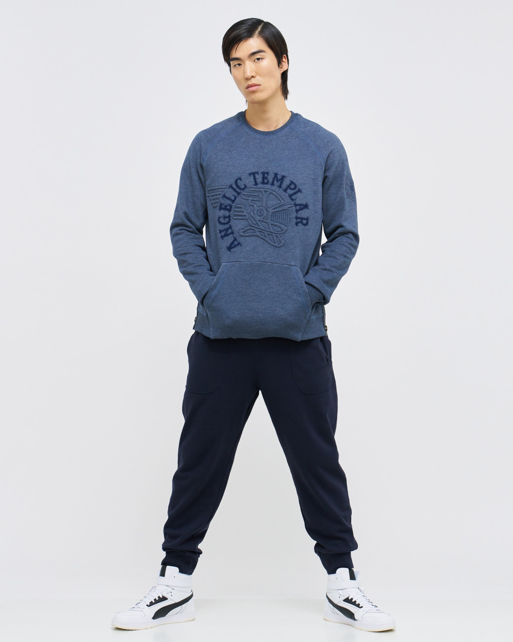 Men's Blue Loop-Back Cotton Sweatshirt, with Casual Society Embossed Micro-Leather and Velvet Embroidery