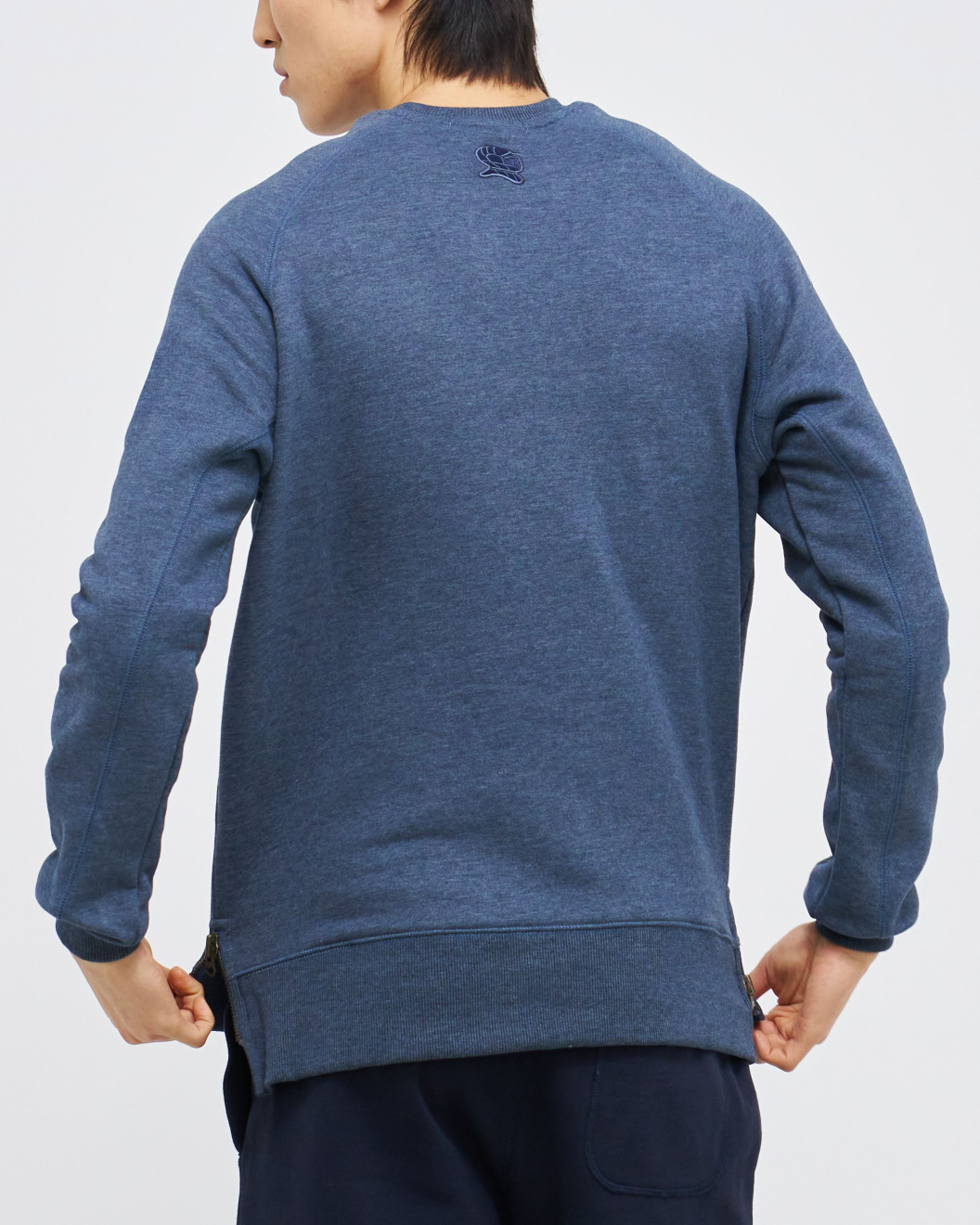 Men's Blue Loop-Back Cotton Sweatshirt, with Casual Society Embossed Micro-Leather and Velvet Embroidery