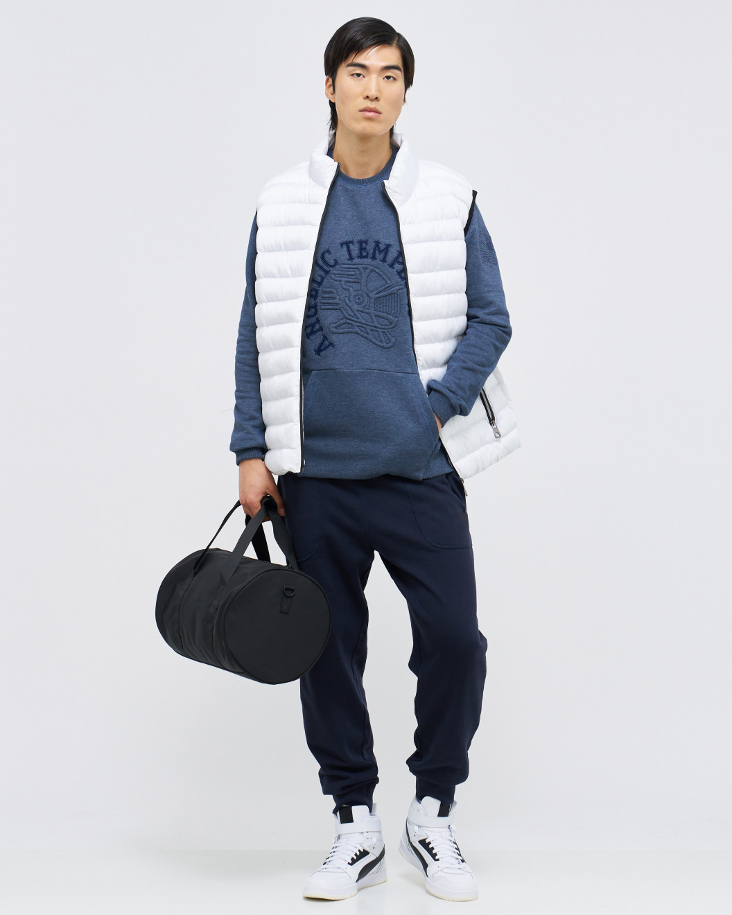 Men's Blue Loop-Back Cotton Sweatshirt, with Casual Society Embossed Micro-Leather and Velvet Embroidery