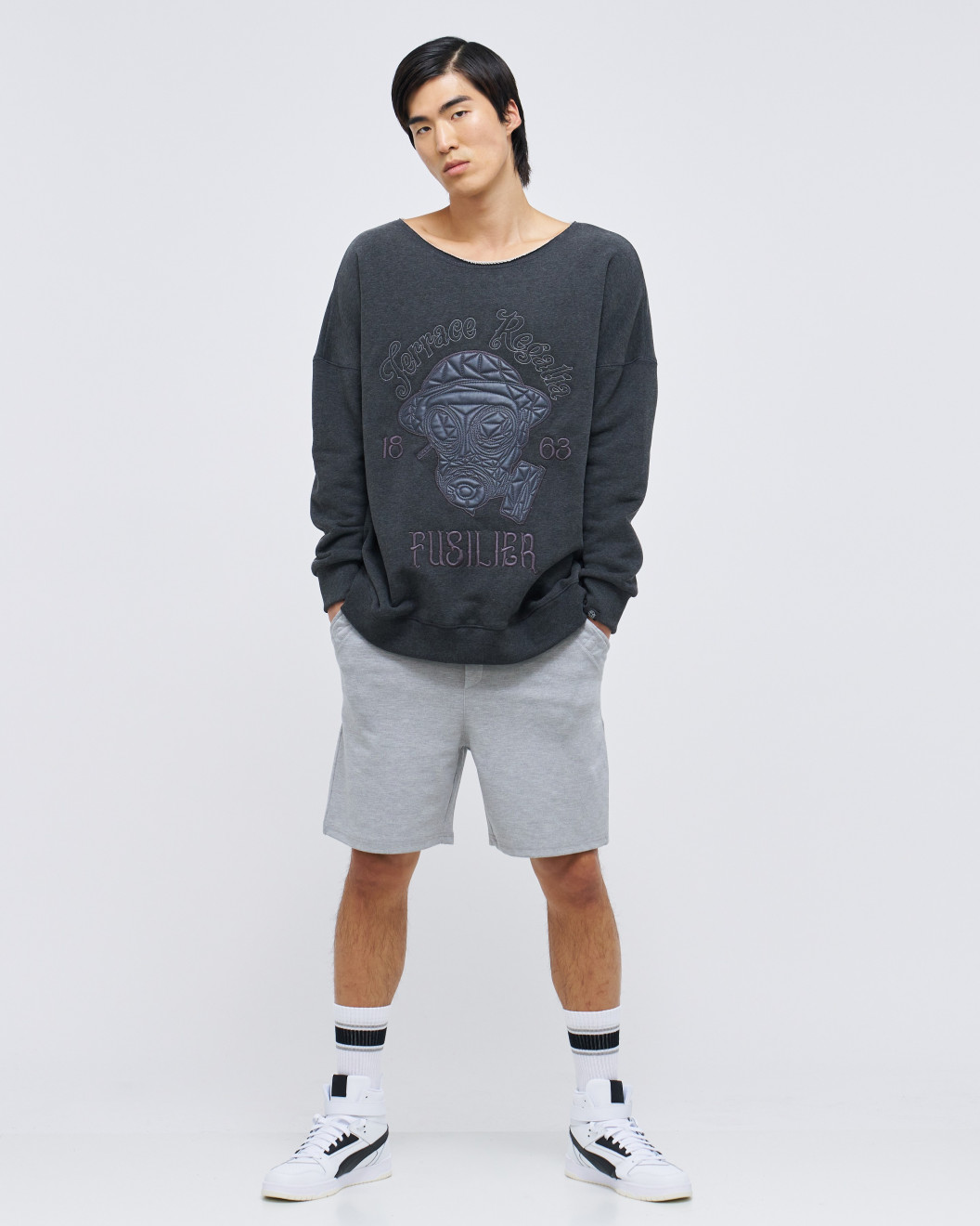 Men's Grey Loop Back Sweatshirt, with Casual Society Micro-Leather Applique Embroidery 