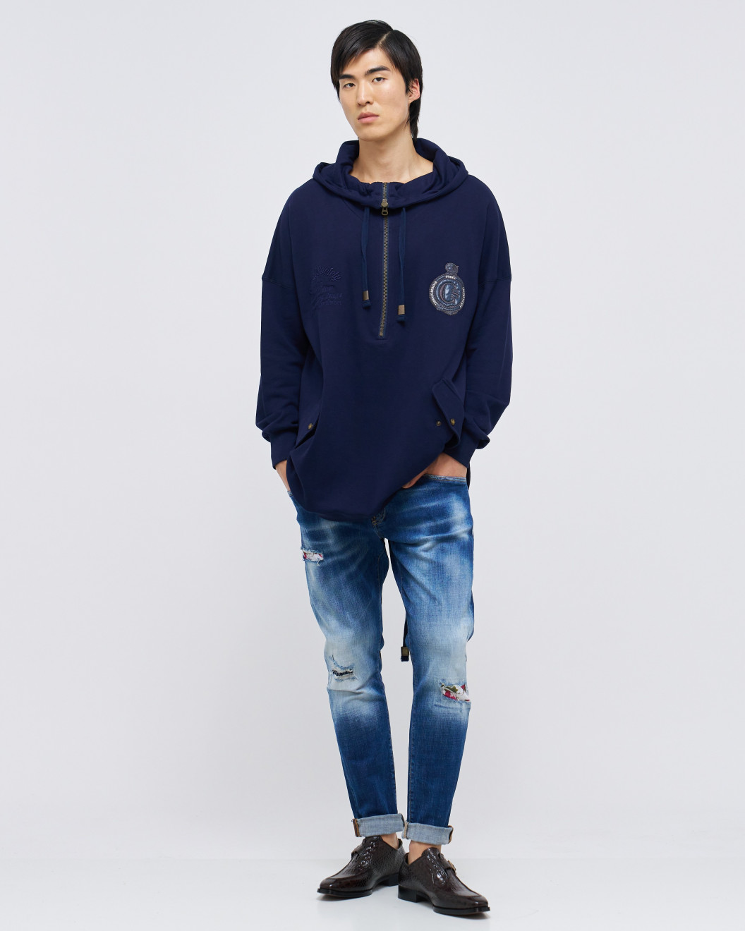 Men's Navy Loop-back Cotton Sweatshirt Parka, with Casual Society Logo in Micro-Leather Embossed Embroidery