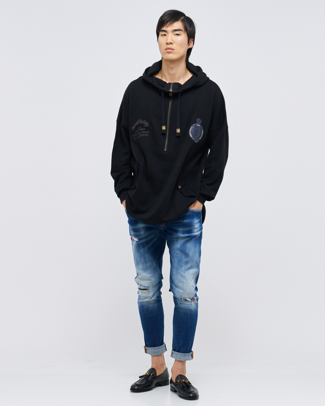 Men's Black Loop-back Cotton Sweatshirt Parka, with Casual Society Logo in Micro-Leather Embossed Embroidery