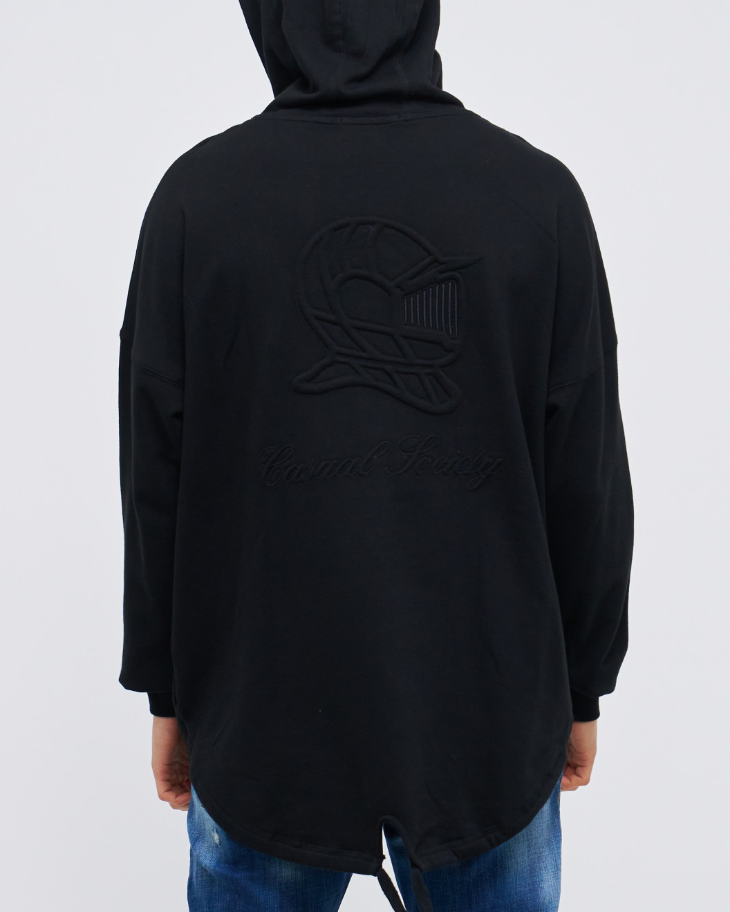 Men's Black Loop-back Cotton Sweatshirt Parka, with Casual Society Logo in Micro-Leather Embossed Embroidery