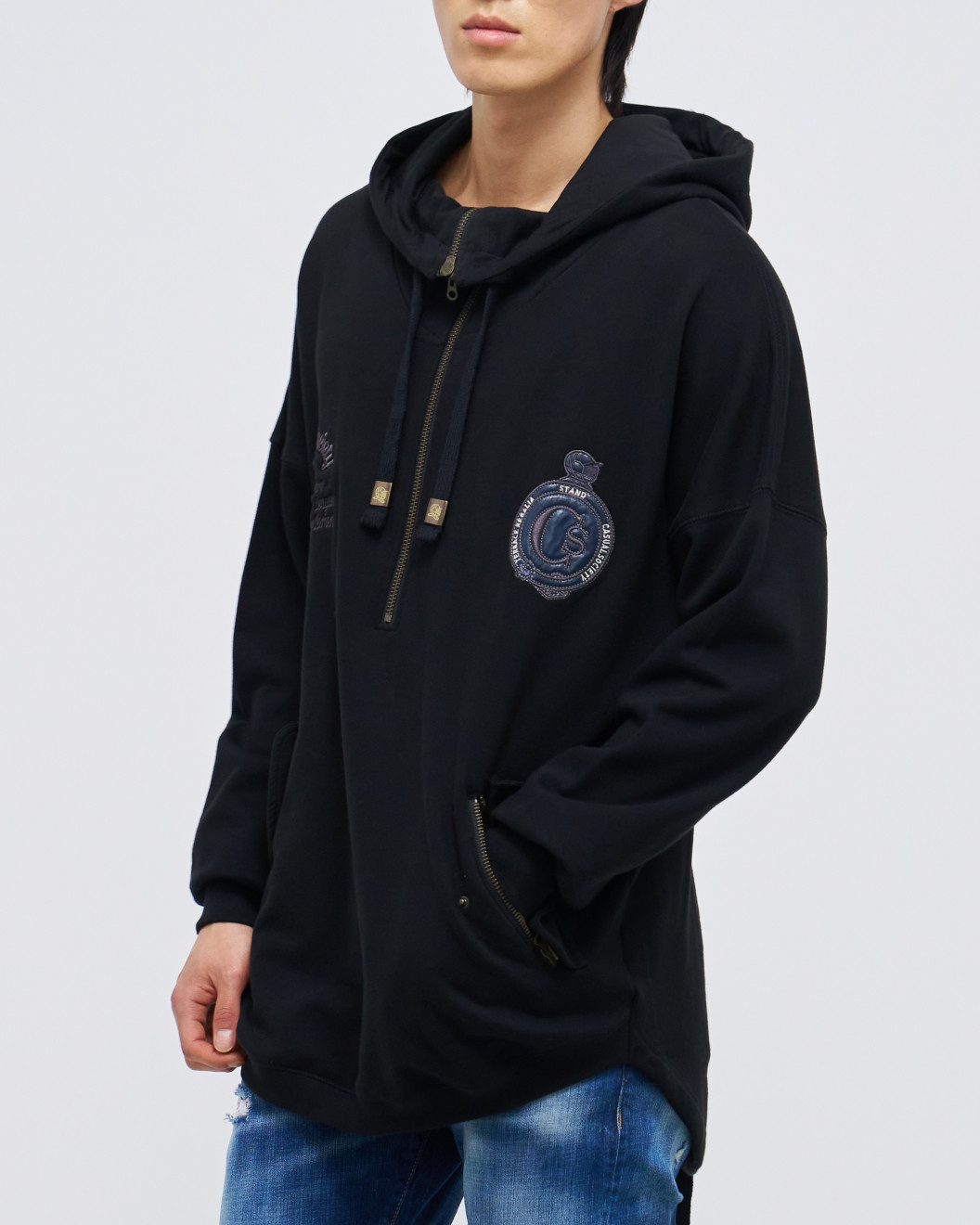 Men's Black Loop-back Cotton Sweatshirt Parka, with Casual Society Logo in Micro-Leather Embossed Embroidery