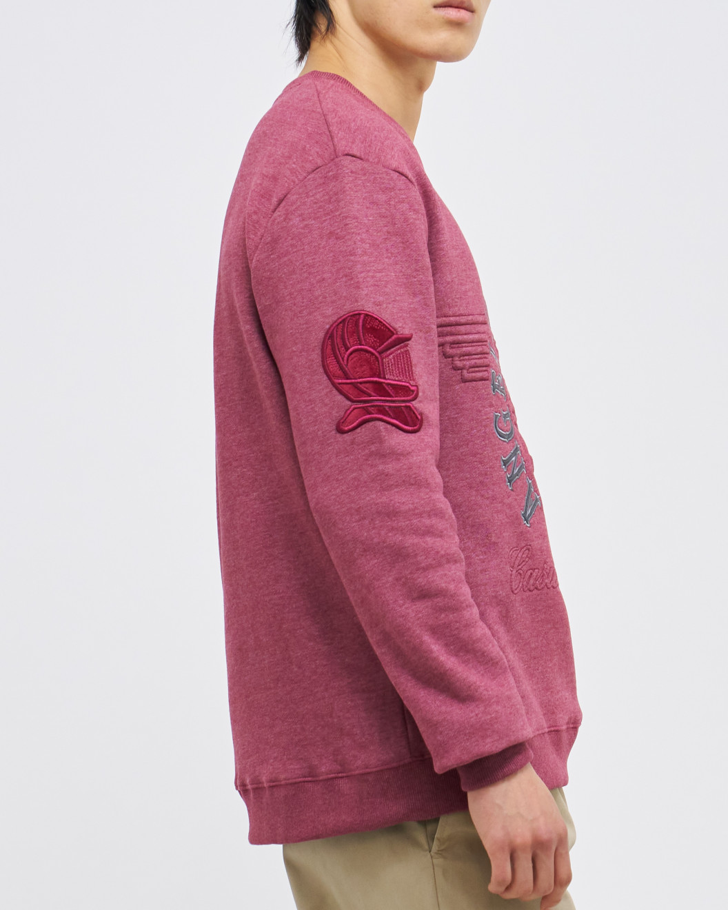 Men's Bordeux Loop-Back Sweatshirt, with Casual Society Micro-Leather Applique Embossed Embroidery