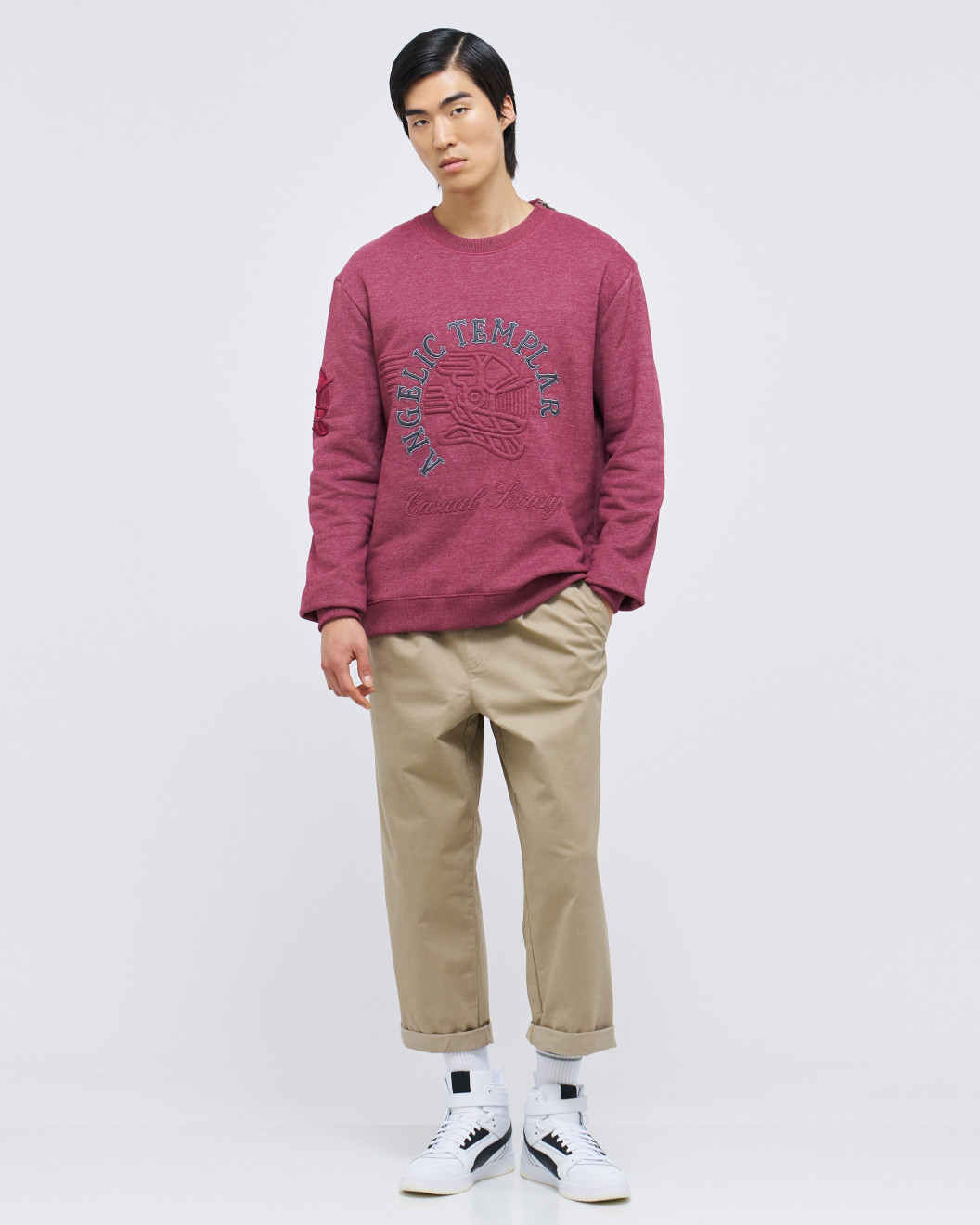 Men's Bordeux Loop-Back Sweatshirt, with Casual Society Micro-Leather Applique Embossed Embroidery