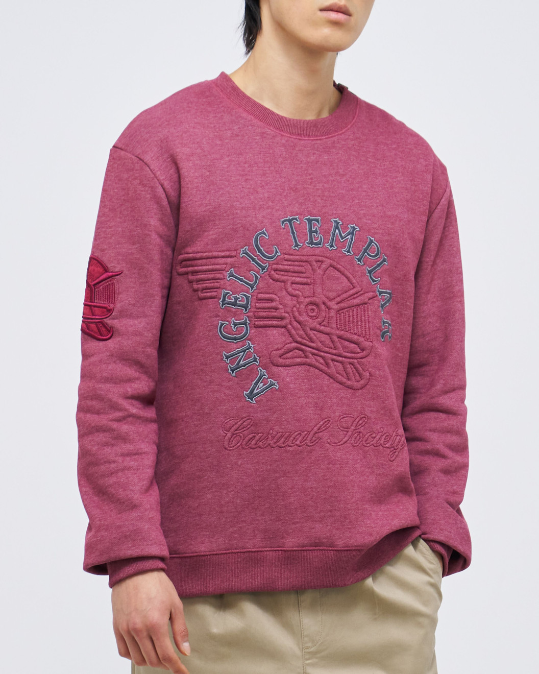 Men's Bordeux Loop-Back Sweatshirt, with Casual Society Micro-Leather Applique Embossed Embroidery