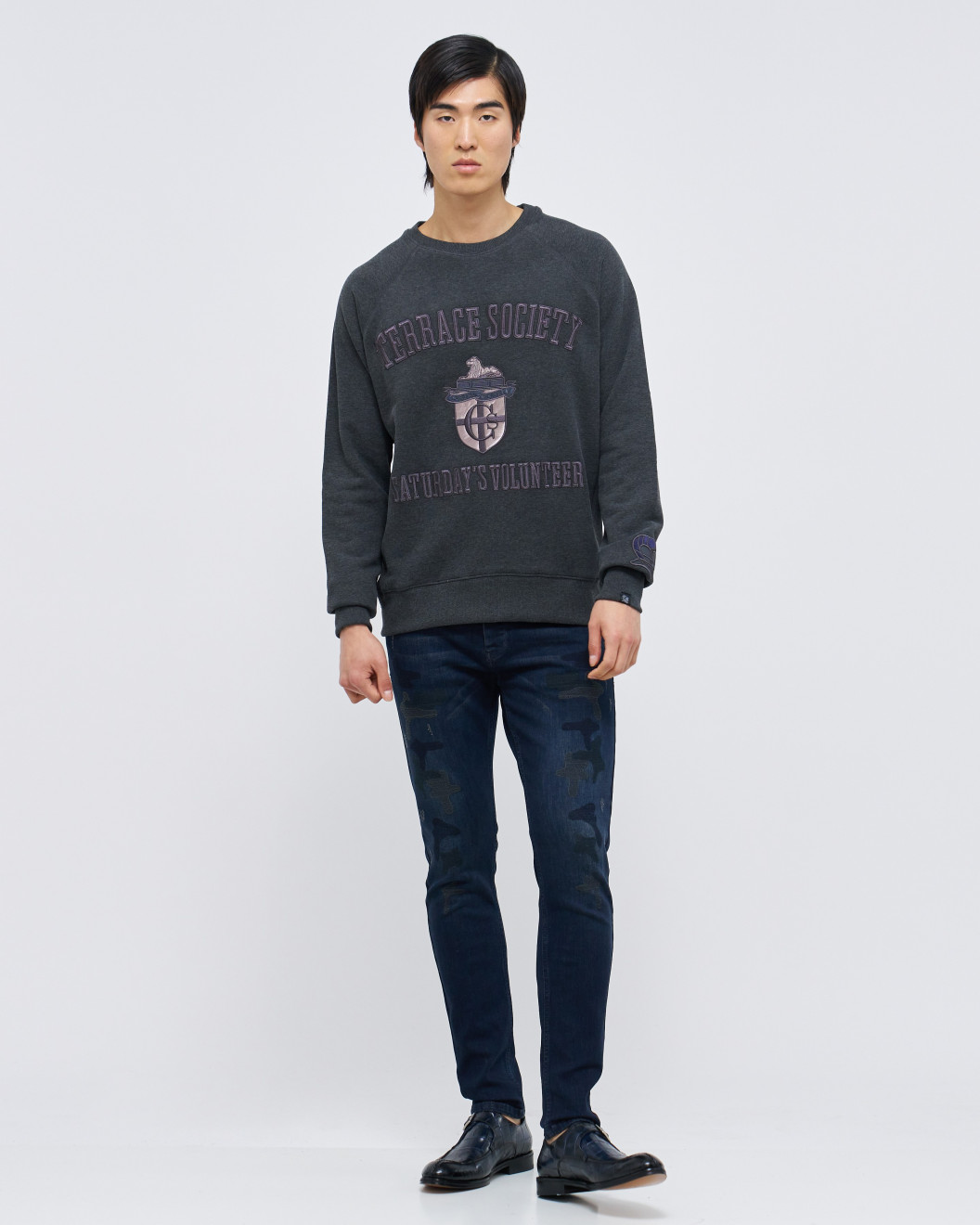 Men's Grey Loop-Back Cotton Sweatshirt, with Embossed Casual Society Micro-Leather & Velvet Embroidery