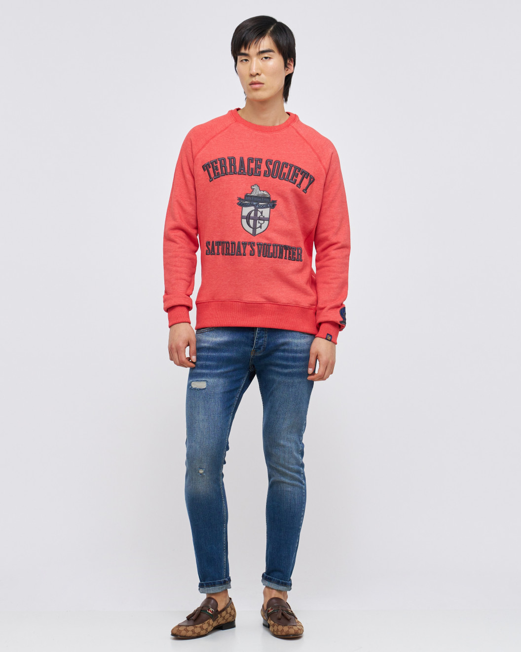 Men's Grenadine Red Loop-Back Cotton Sweatshirt with Micro-Leather & Velvet Embossed Embroidery