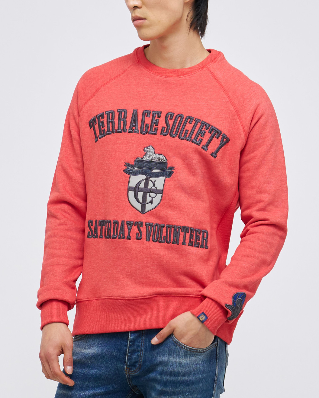 Men's Grenadine Red Loop-Back Cotton Sweatshirt with Micro-Leather & Velvet Embossed Embroidery