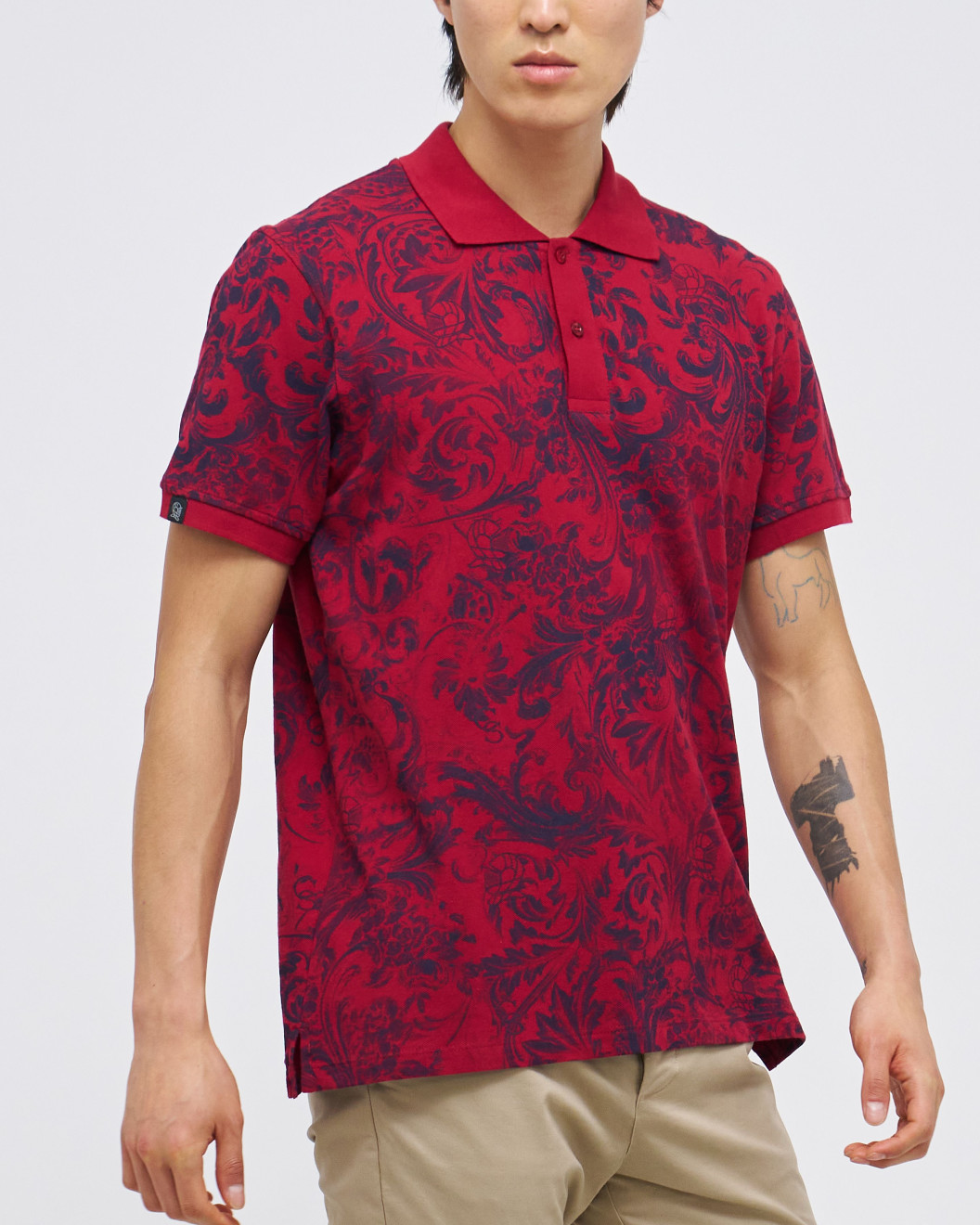 Men's Red Polo, with Baroque Wall Paper Print and Embossed Casual Society Logo