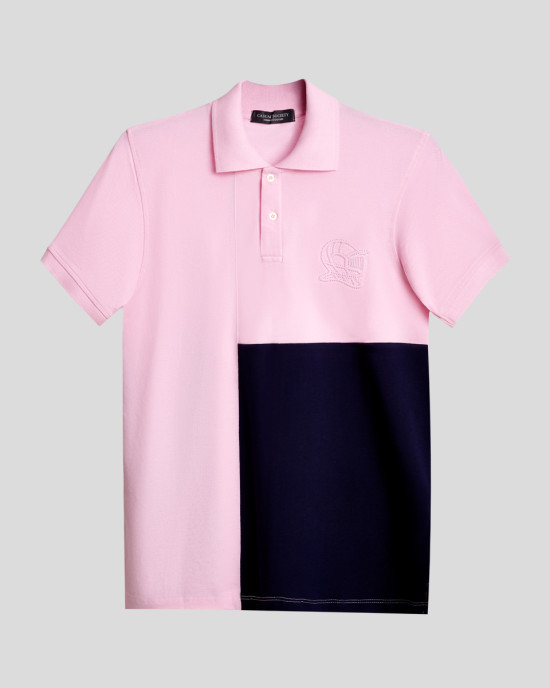 Men's Pink Polo, with Geometric Panel Tailoring and Casual Society Logo