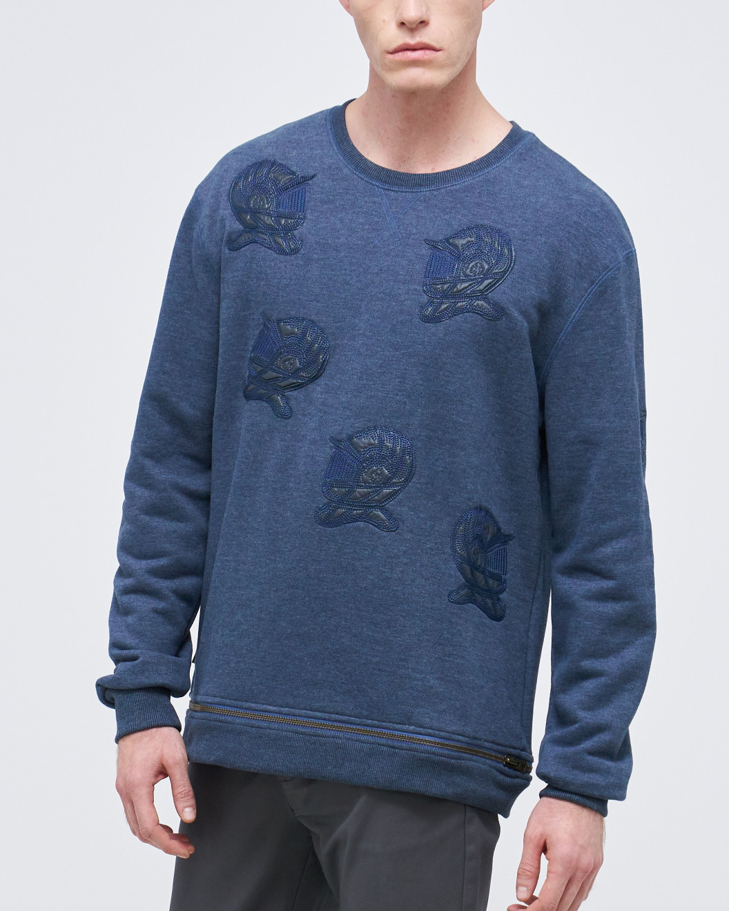 Men's Blue Loop-Back Cotton Sweatshirt, with Casual Society Micro-Leather Embroidery