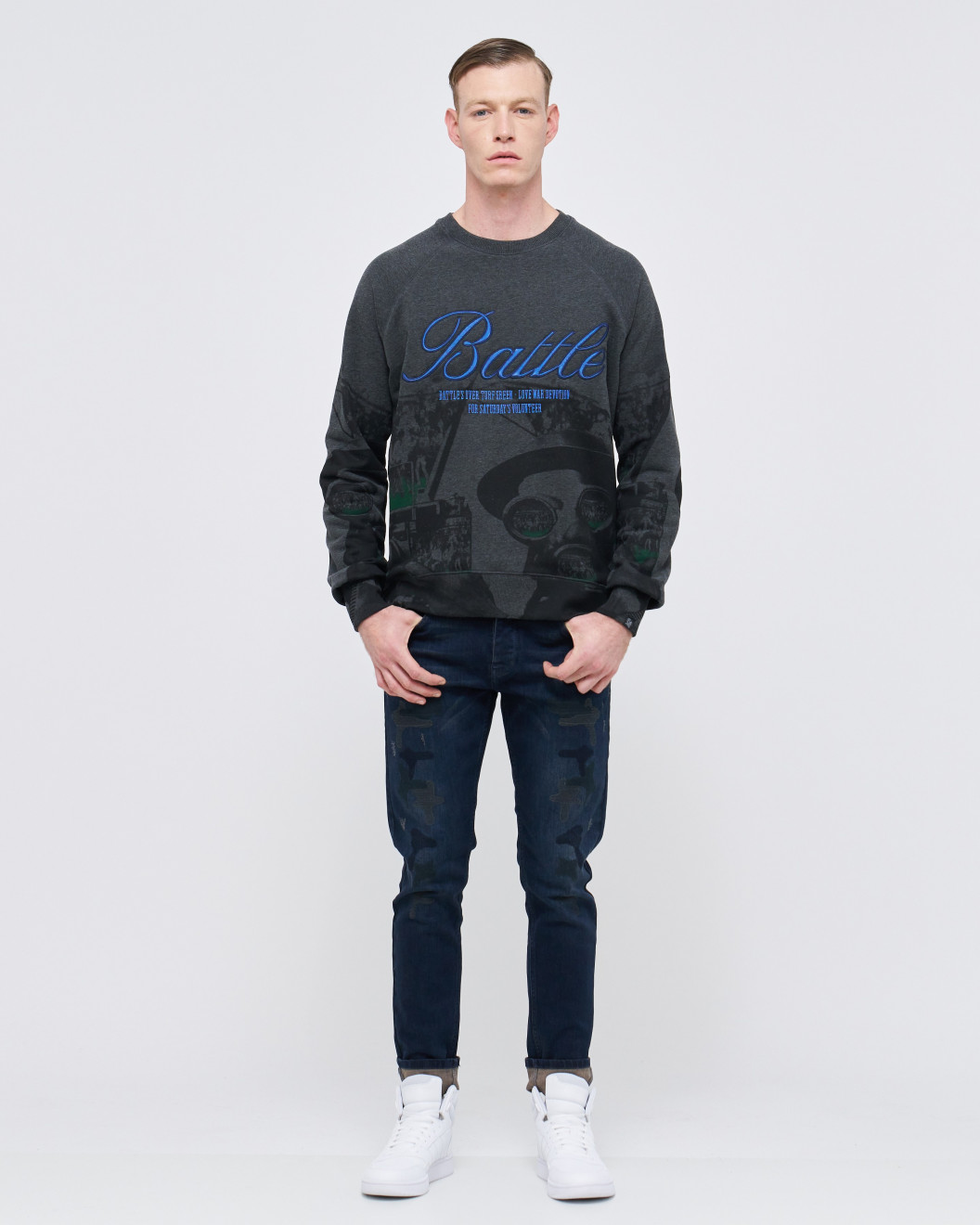 Men's Grey, Loopback Sweatshirt, with Casual Society Micro Laminate and Velvet Applique Embroidery