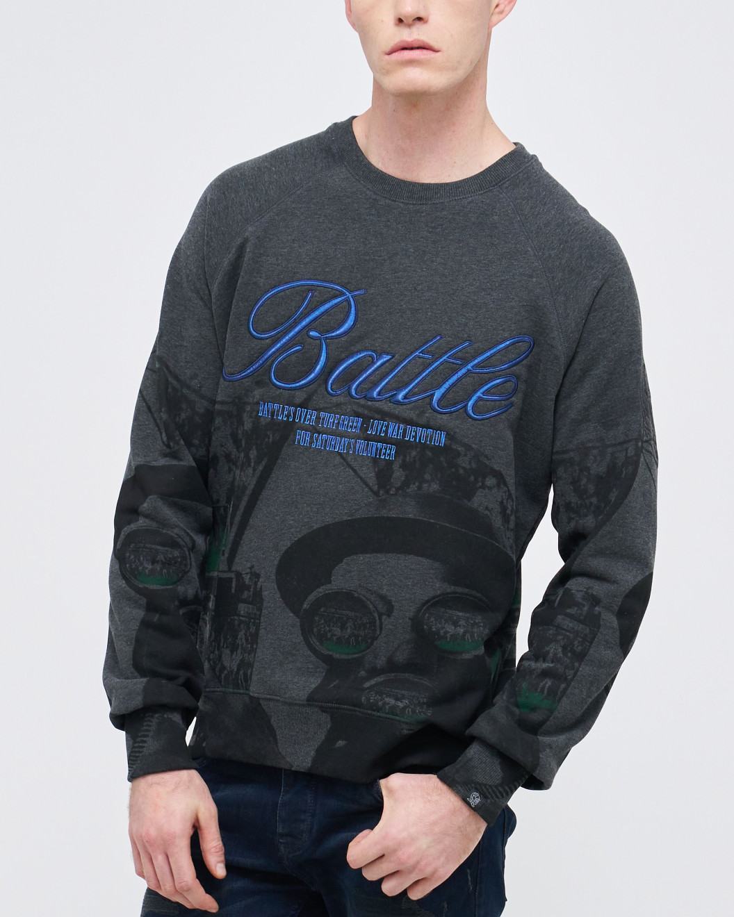 Men's Grey, Loopback Sweatshirt, with Casual Society Micro Laminate and Velvet Applique Embroidery