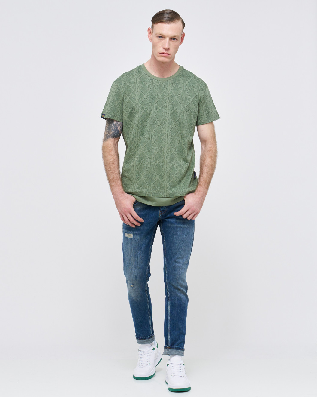 Men's Olive Green Jersey T-Shirt, Feat Casual Society Barouque Geometric All-Over Print