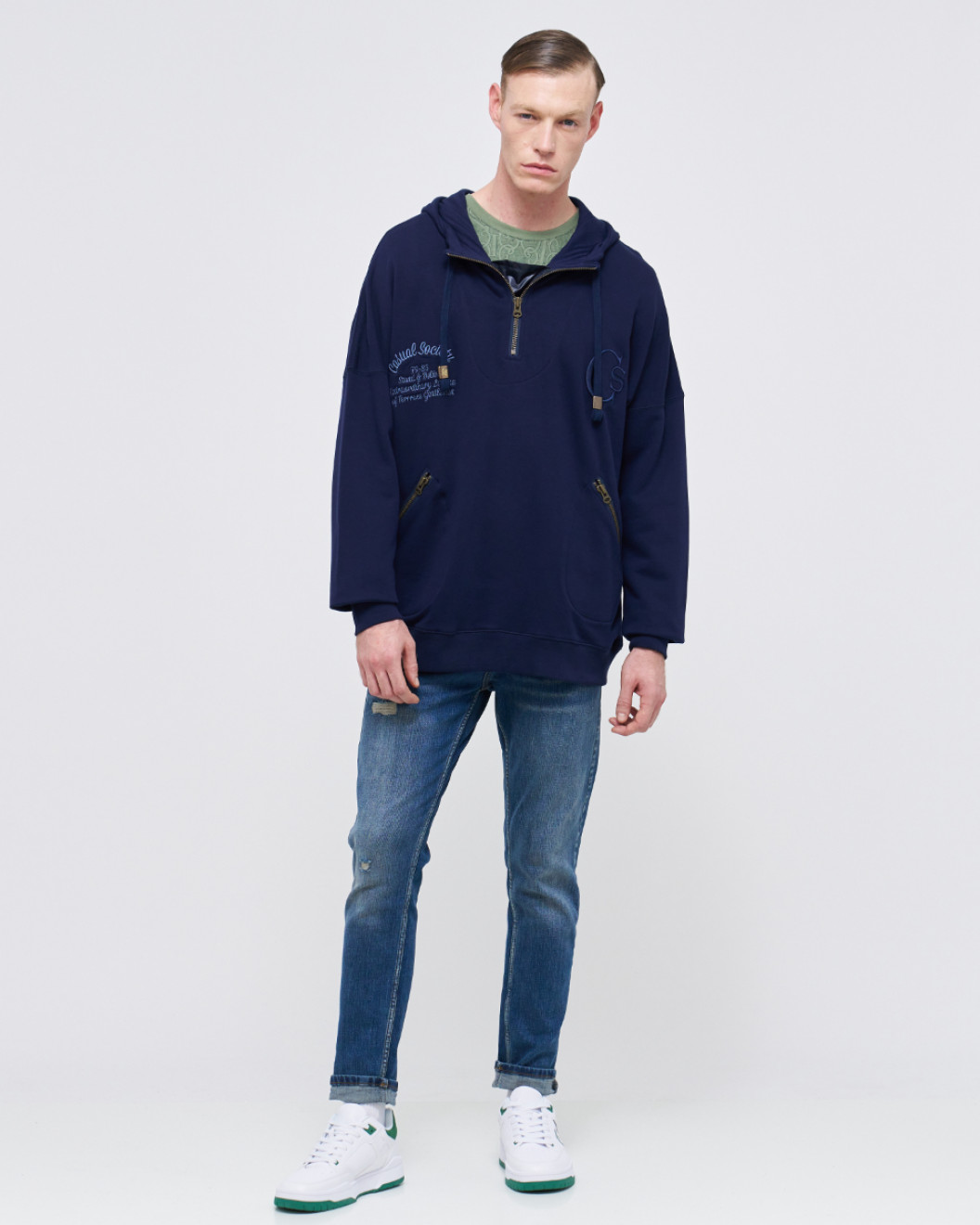 Men's Navy Loop-Back Cotton Sweatshirt Hoodie with Micro-Leather Embossed Applique Embroidery