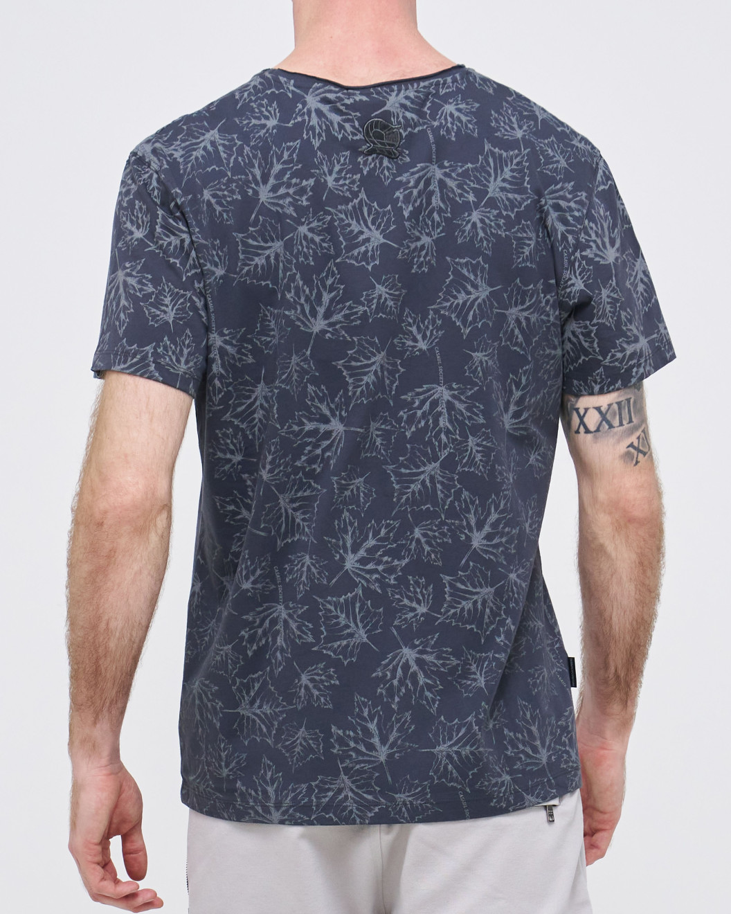 Men's Anthracite Grey Cotton Melange T-Shirt, Autumn Leaves with Velvet Casual Society Logo Rear