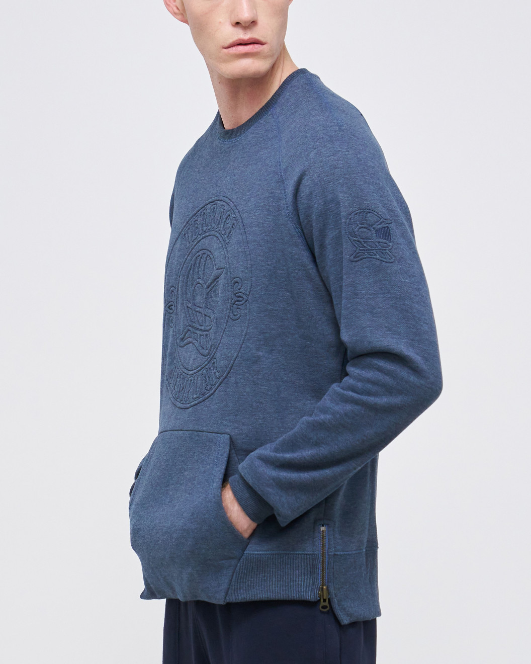 Men's Blue Loop-Back Cotton Sweatshirt, with Casual Society Embossed Micro-Leather and Velvet Embroidery