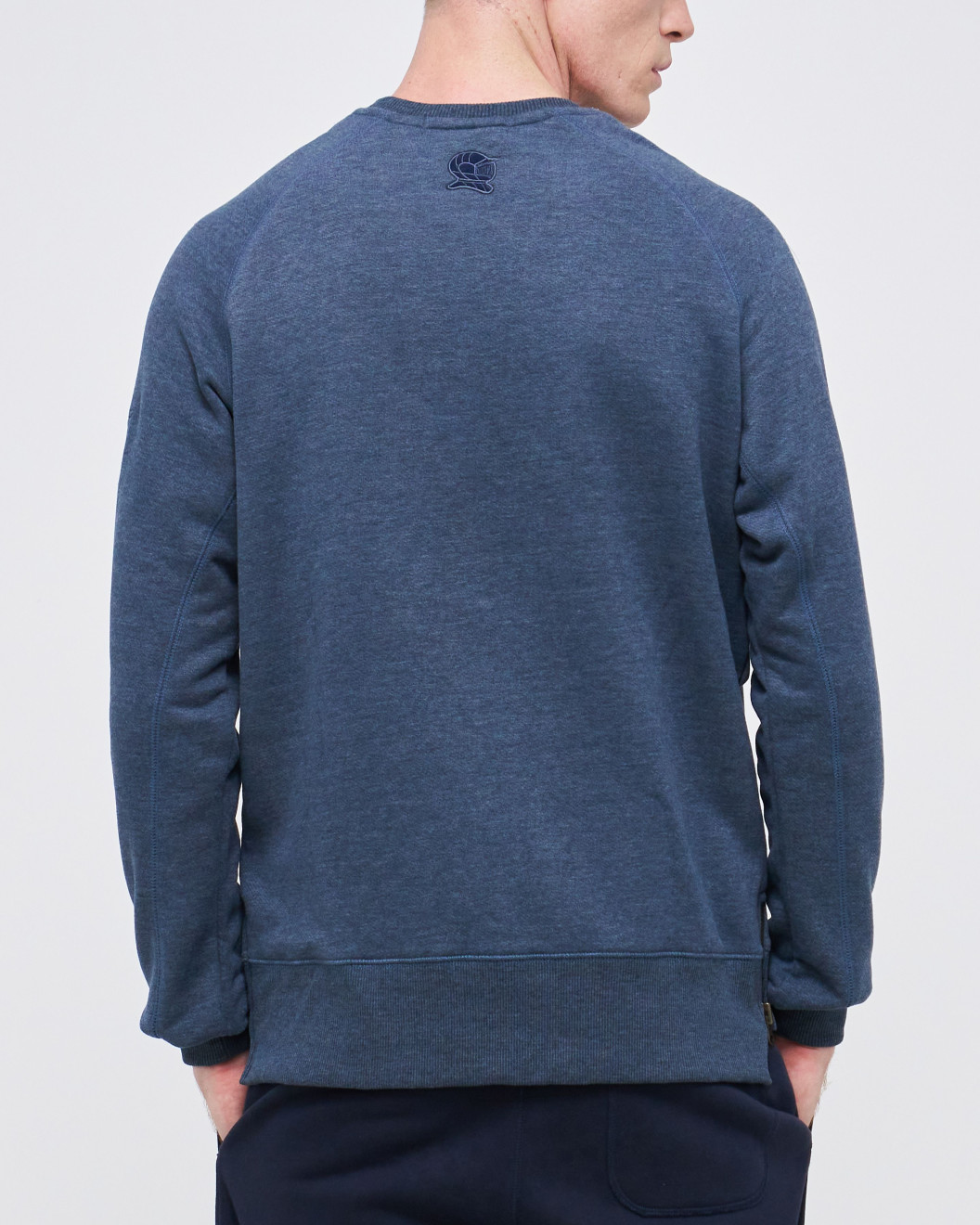 Men's Blue Loop-Back Cotton Sweatshirt, with Casual Society Embossed Micro-Leather and Velvet Embroidery