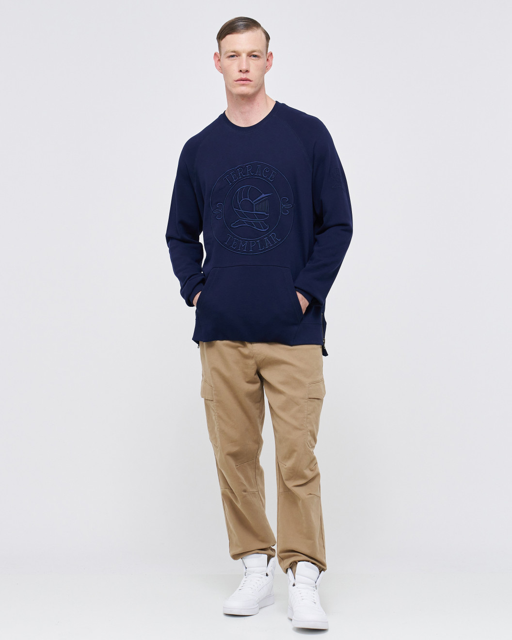 Men's Navy Loop-Back Cotton Sweatshirt, with Casual Society Embossed Micro-Leather and Velvet Emroidery