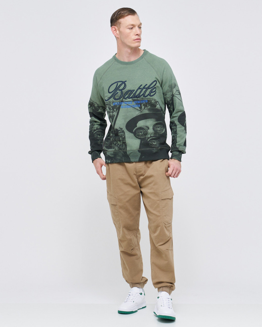 Men's Olive Loopback Sweatshirt, with Casual Society Micro-Laminate and Velvet Applique Embroidery