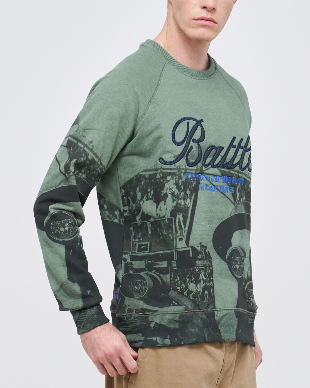 Men's Olive Loopback Sweatshirt, with Casual Society Micro-Laminate and Velvet Applique Embroidery